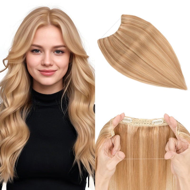 Halo Hair Extensions Real Human Hair MYLADY Adjustable Halo Extensions Real Human Hair 16 inch Golden Brown mix Bleach Blonde Womens Long Straight Hair Invisible Wire Hair Extensions